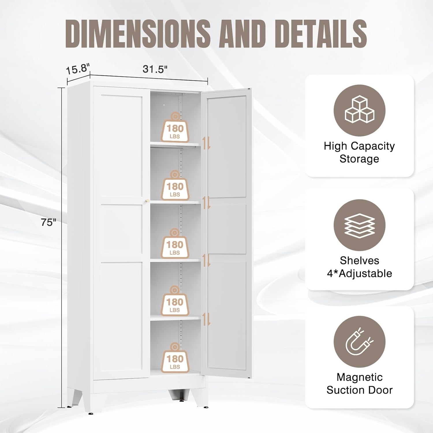 Yizosh Metal Pantry Cabinet, 75 Kitchen Pantry with 2 Door and 4 Adjustable Shelves,White Metal Pantry Storage Cabinet,Cupboard for Kitchen,Dining Room,Living Room and Bathroom