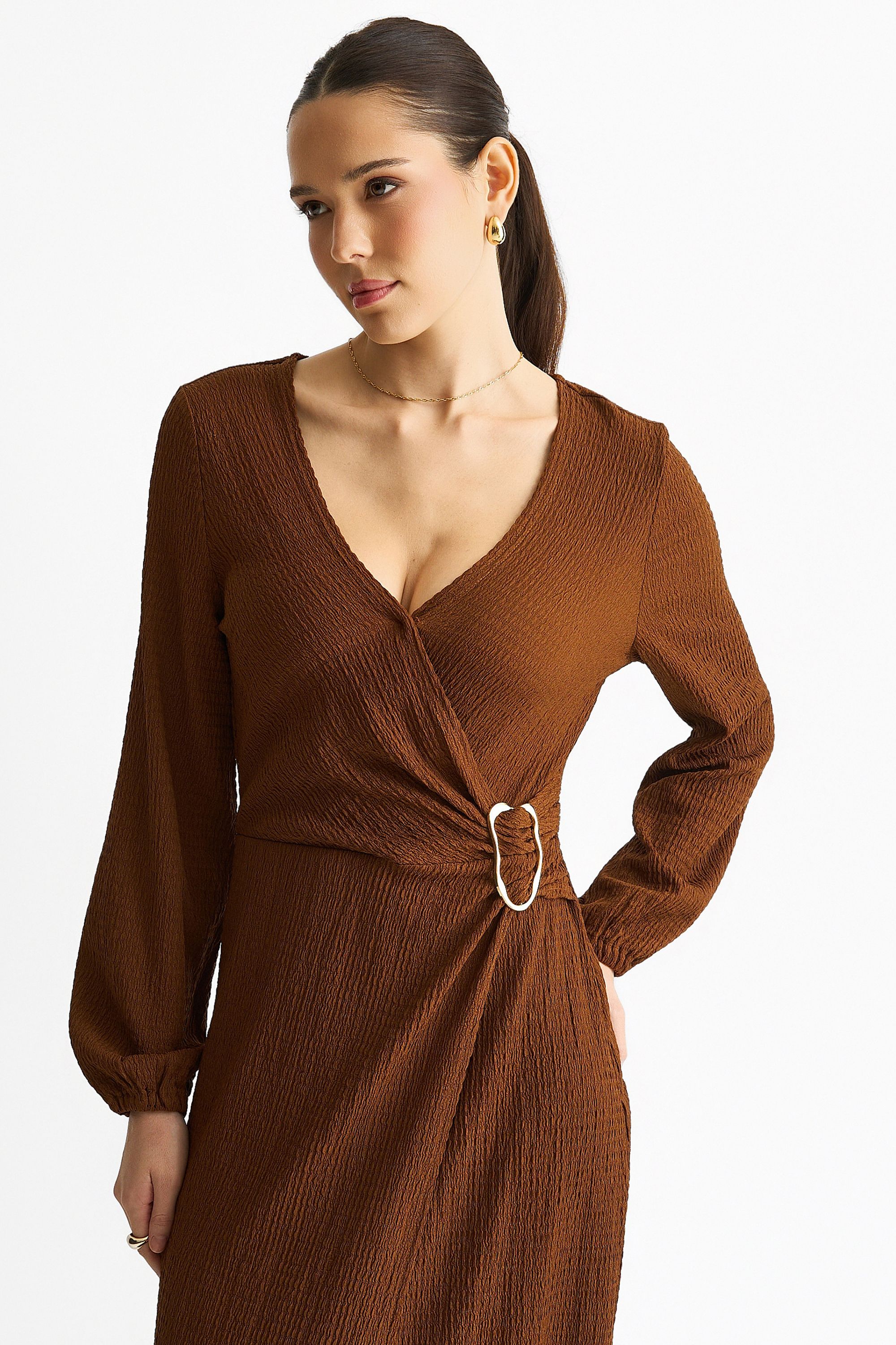 Gini London Brown Jersey Texture Wrap Metal Trim Midi Dress