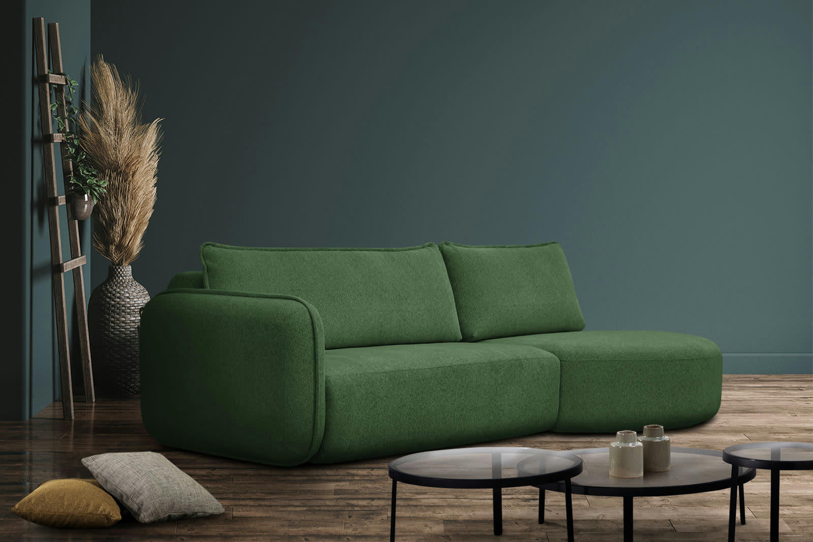 IPSUM - Canapé d'angle droit 3 places avec l'île tissu vert foncé