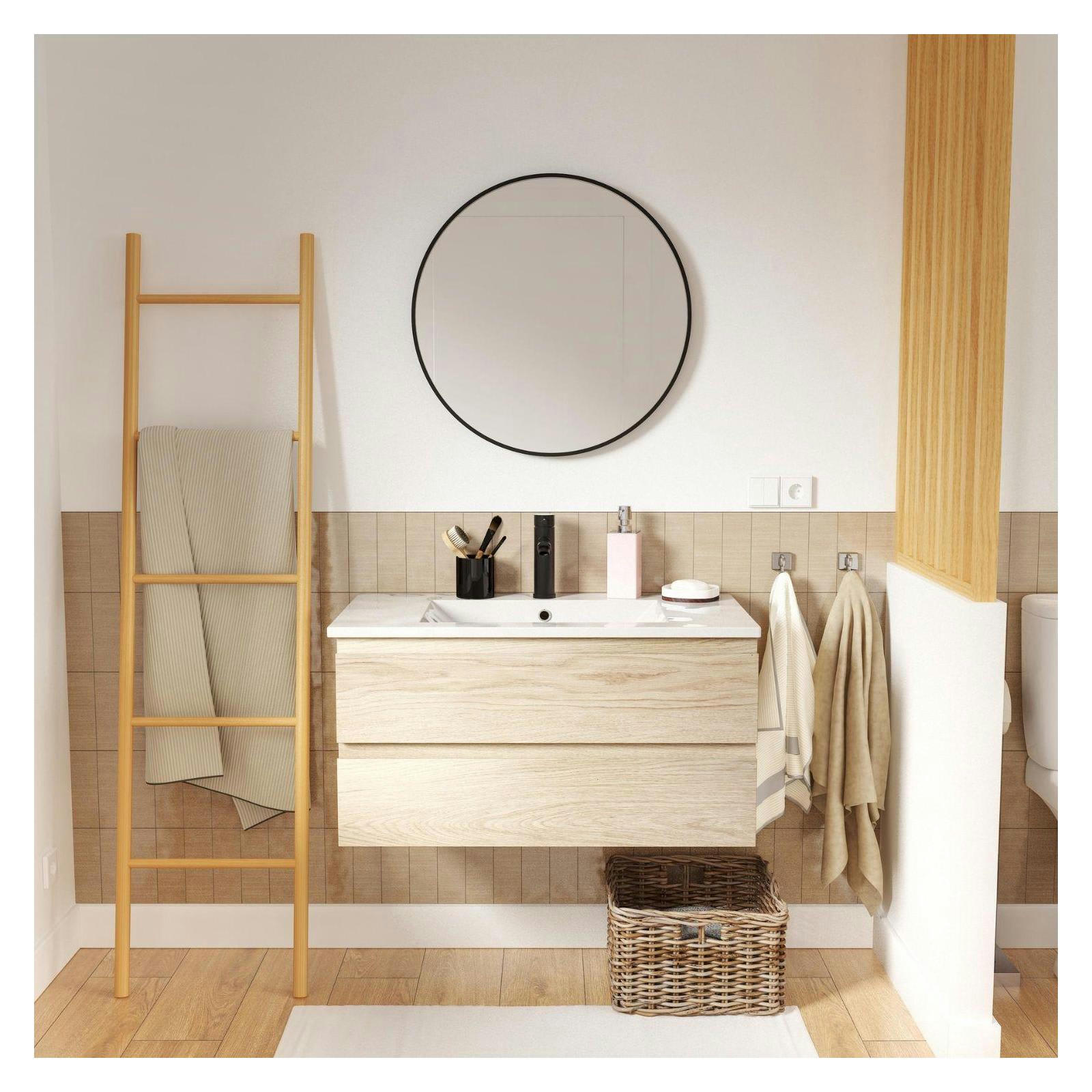 SORRENTO - Meuble simple vasque 80cm décor chêne  +vasque +robinet noir +miroir
