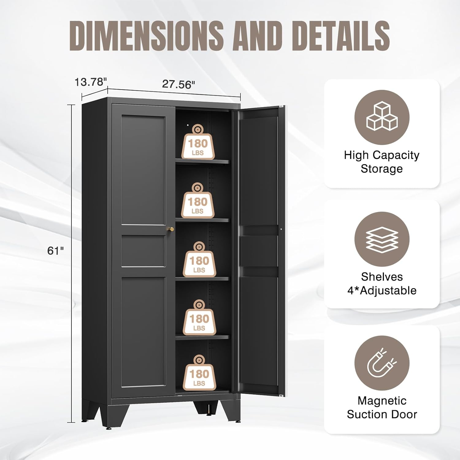 Yizosh Metal Pantry Cabinet,Tall Kitchen Pantry Storage Cabinet with Doors and Adjustable Shelves - 61 Black Cupboard Cabinet for Kitchen, Living Room,Dining Room,Home