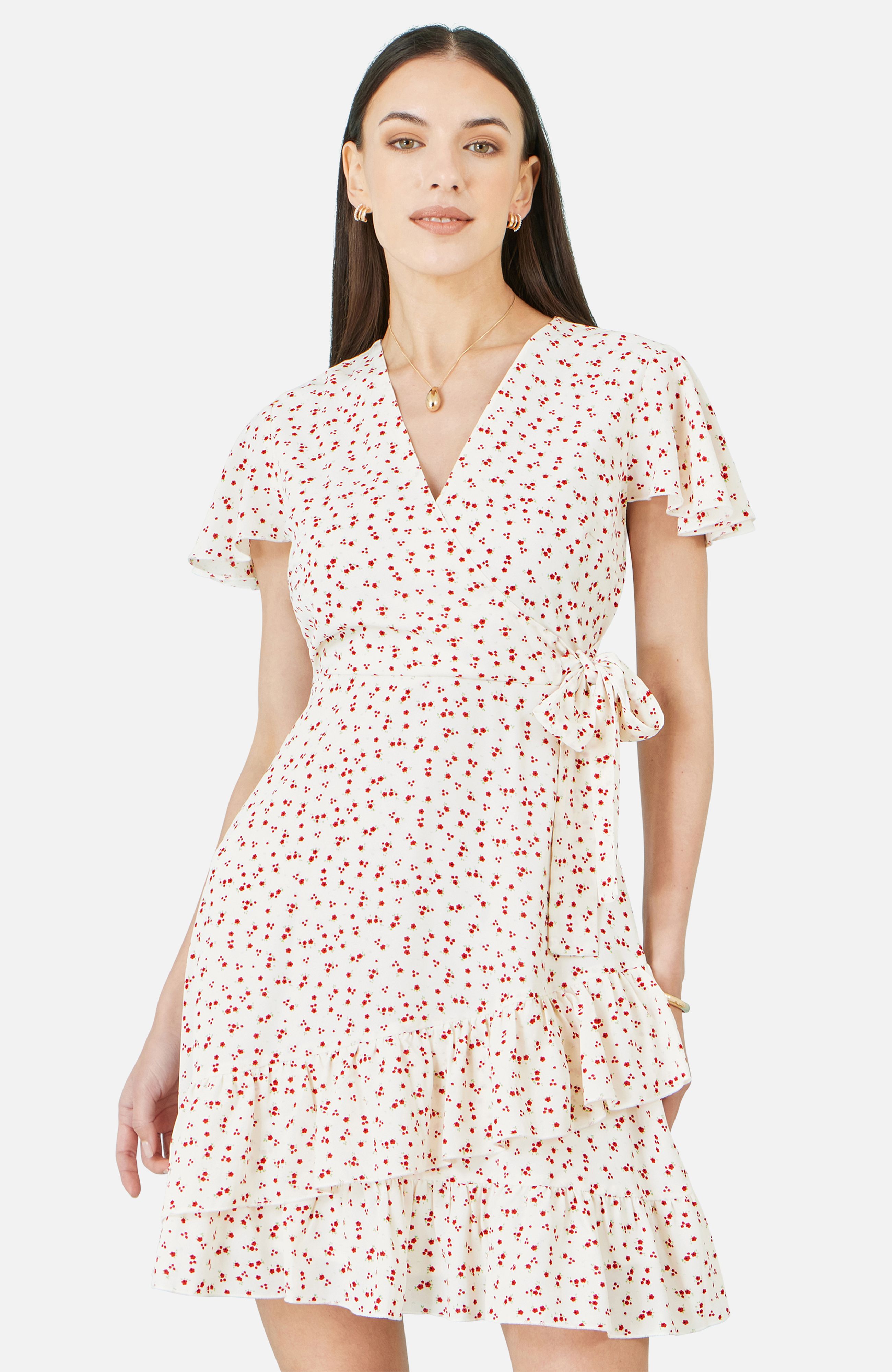 Yumi White Ditsy Print Frill Wrap Dress