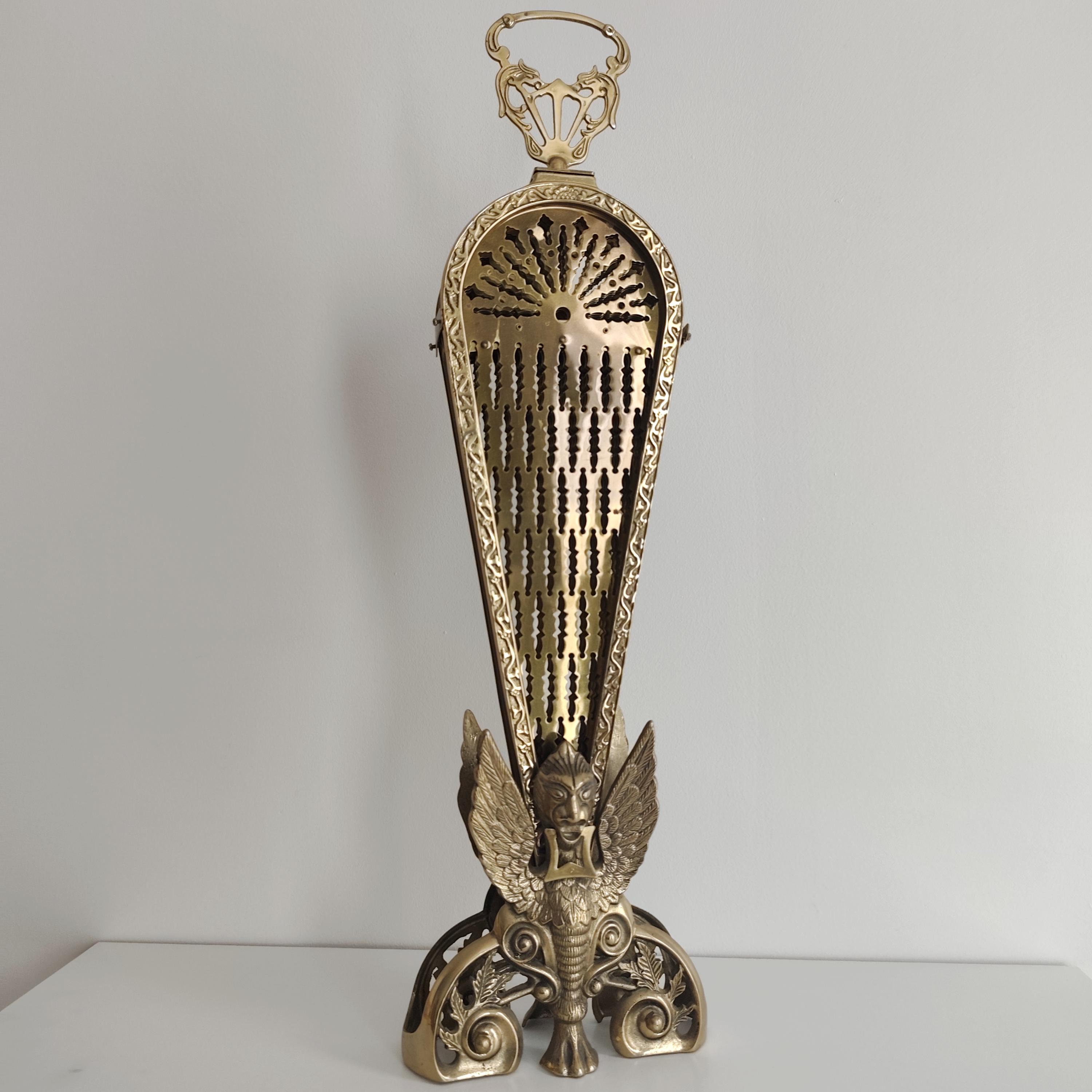Ornate Brass Fire Guard – Folding Fireplace Screen Peacock Fan / Griffin Design