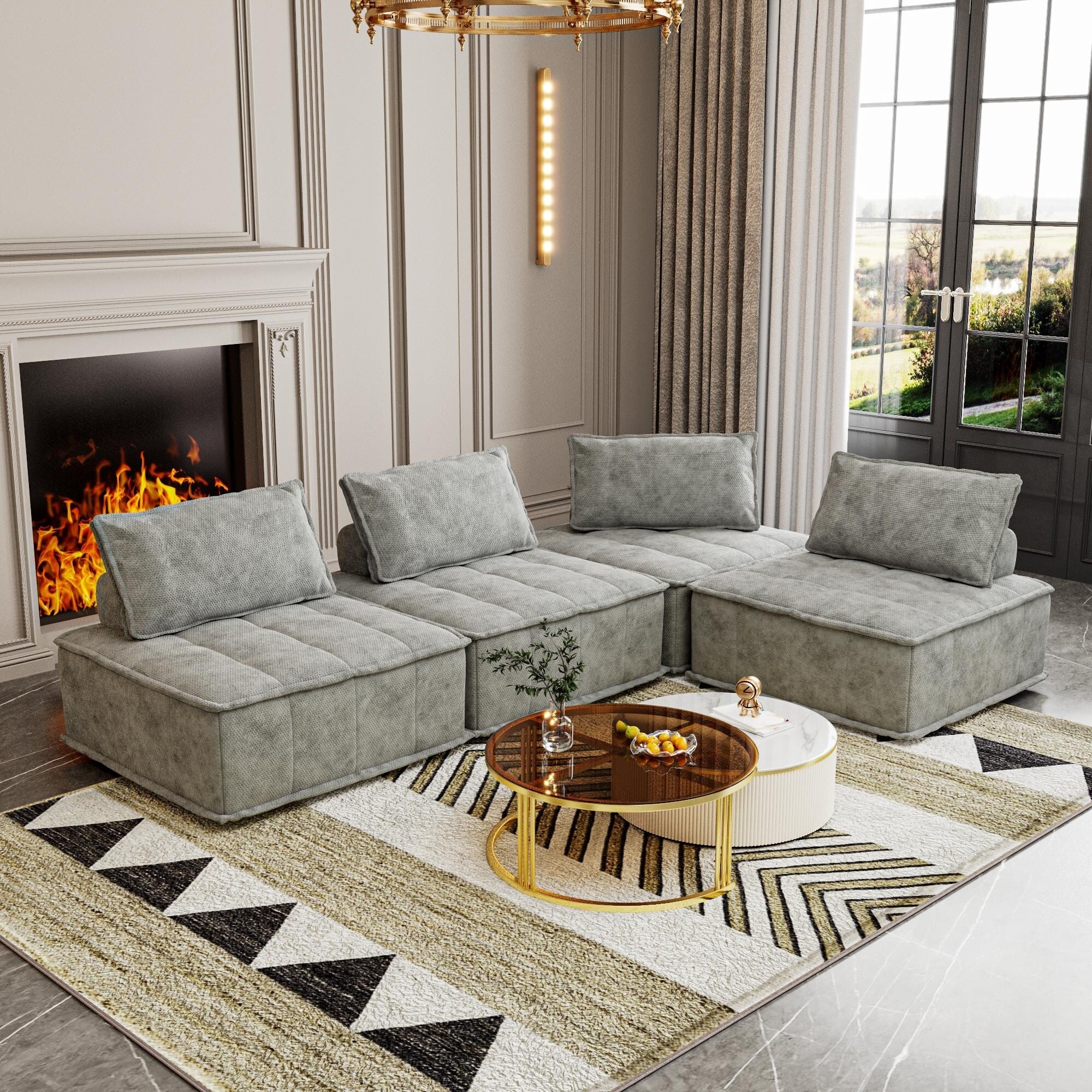 Light Gray Oversized 4-piece Chenille Modular Square Sofa Set with High-Density Foam Cushions, Free Combination