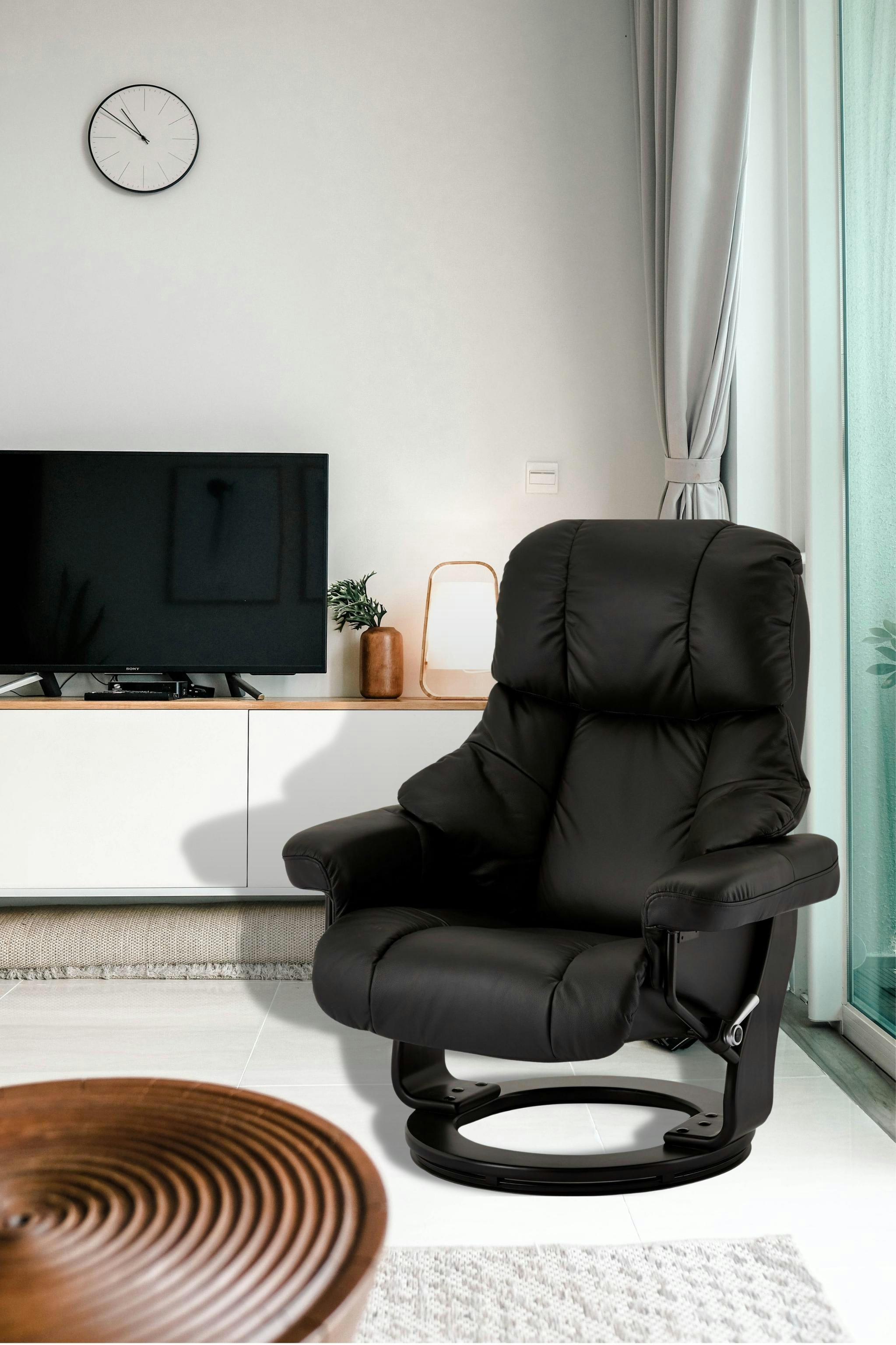 CROWN - Fauteuil relax avec repose pieds en cuir noir