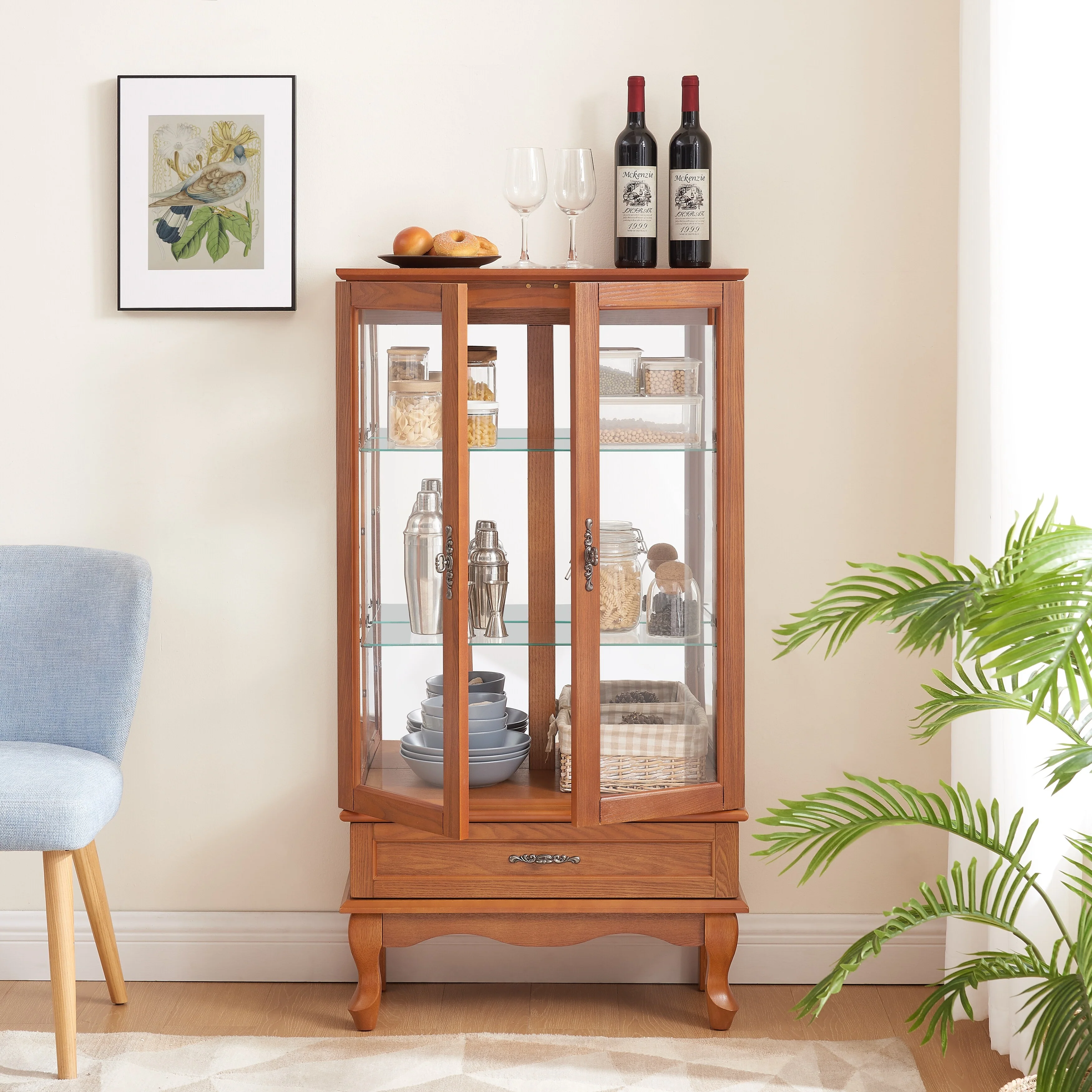 Lighted Glass Display Cabinet Glass Wine Cabinet Curio Display Cabinet with Adjustable Glass Shelves Two Doors