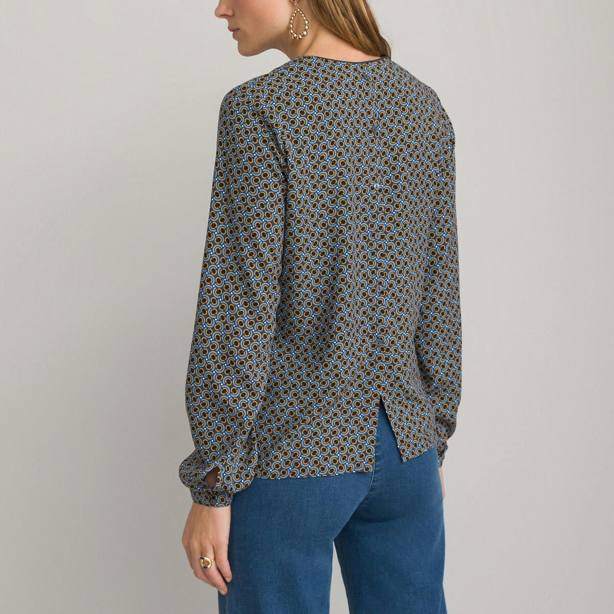 Blouse col V, imprimé graphique, manches longues