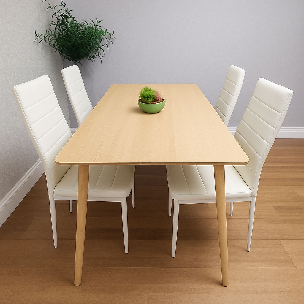KOSY KOALA Wooden Dining TableSet with 4 white Faux Leather Chairs