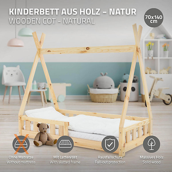 Lit d'enfants ML-Design Tipi 70x140 cm nature maison indien en bois de pin sommier et clôture de jeu