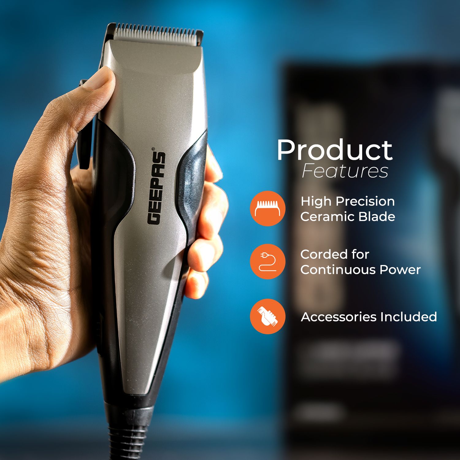 Geepas Electric Hair Clipper AC Mains Clipper/Trimmer Precision Ceramic Blades 4 Combs