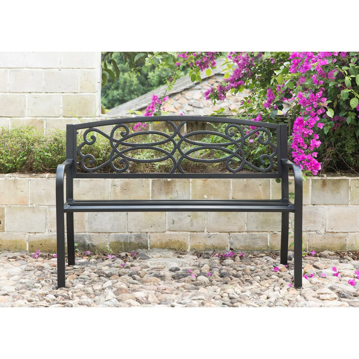 Steel Outdoor Patio Garden Park Seating Bench with Cast Iron Scrollwork Backrest, Front Porch Yard Bench Lawn Decor
