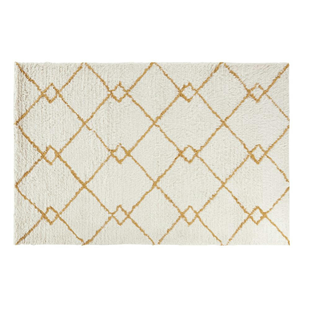 YANET - Tapis style berbère en laine tuftée motifs graphiques jaune moutarde et beiges 160x230