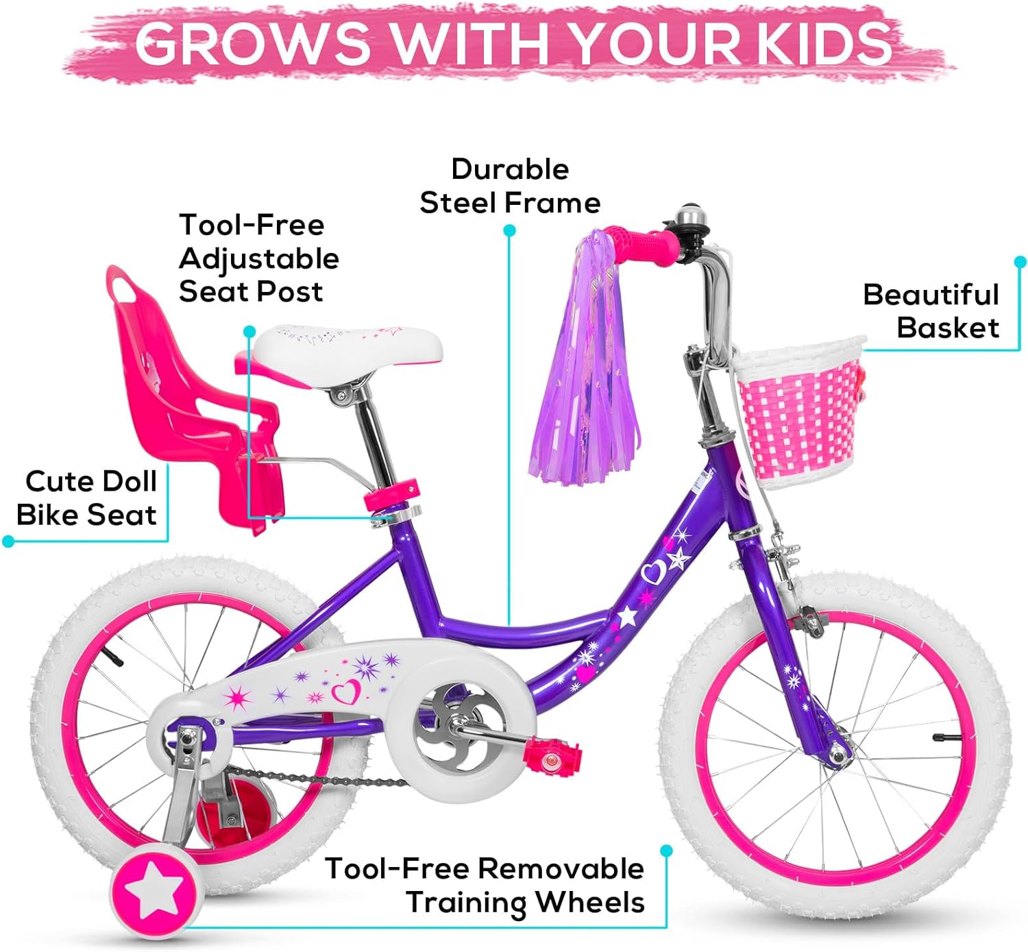 WEIZE Girls Bike for 3-12 Years Old Kids, 14 16 20 Inch Kids Bike with Training Wheels, Streamers, Basket and Doll Seat, Children Bicycles with Coaster Brake, Multiple Colors