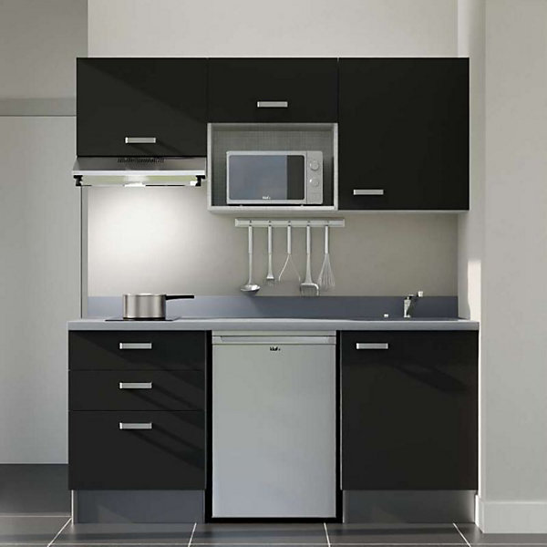 Kitchenette K20 - 180 cm - façades Noir - Plan monobloc en quartz coloris Cromo évier à droite - Electroménager Inox