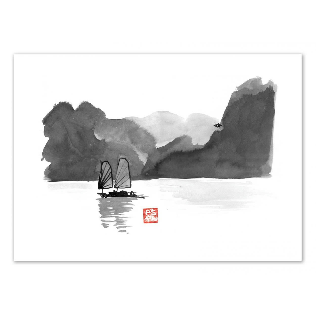 PECHANE SUMIE - HALONG BAY - Affiche d'art avec Cadre bois noir - 30 x 40 cm
