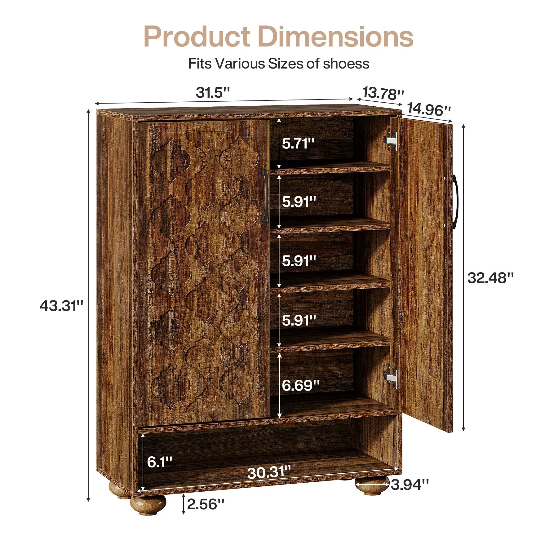 6-Tier Shoe Cabinet with Doors, Adjustable Shoe Rack with Solid Wood Feet
