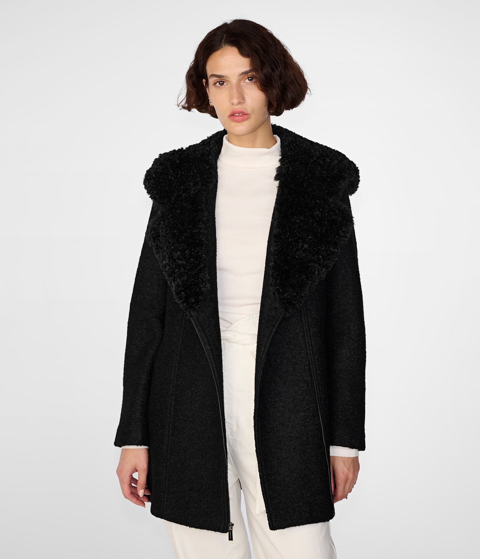 Wool Boucle Coat with Fur Lined Hood