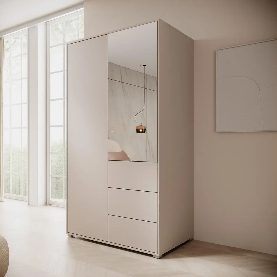 Meubella - Gideon - Kledingkast met spiegel - Beige - 100x59x178 cm