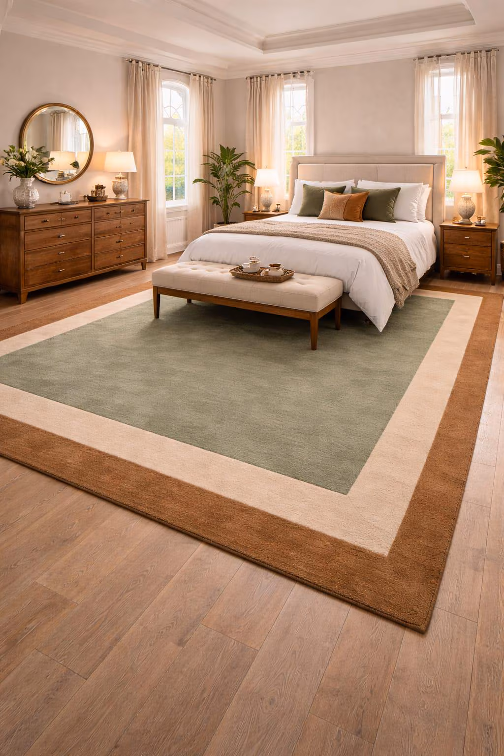 Sage Green Wool Area Rug, Hand Tufted Bordered Carpet, Modern Living Room Rug