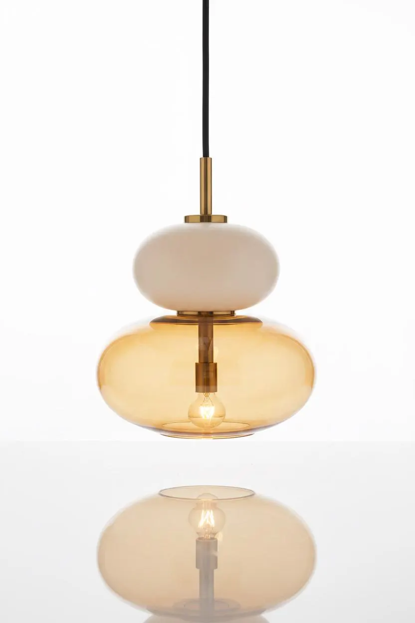 Handmade Double Glass Pendant Light, Frosted White & Amber Glass Hanging Lamp, Modern Brass Ceiling Light, Bedside Kitchen Island Lighting