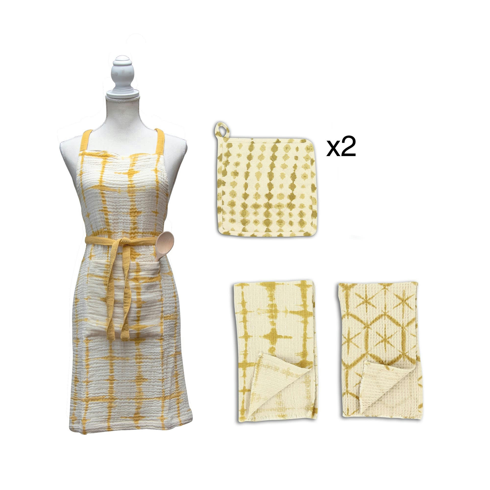 PAOLO - Ensemble de cuisine avec tablier, torchons et maniques jaune