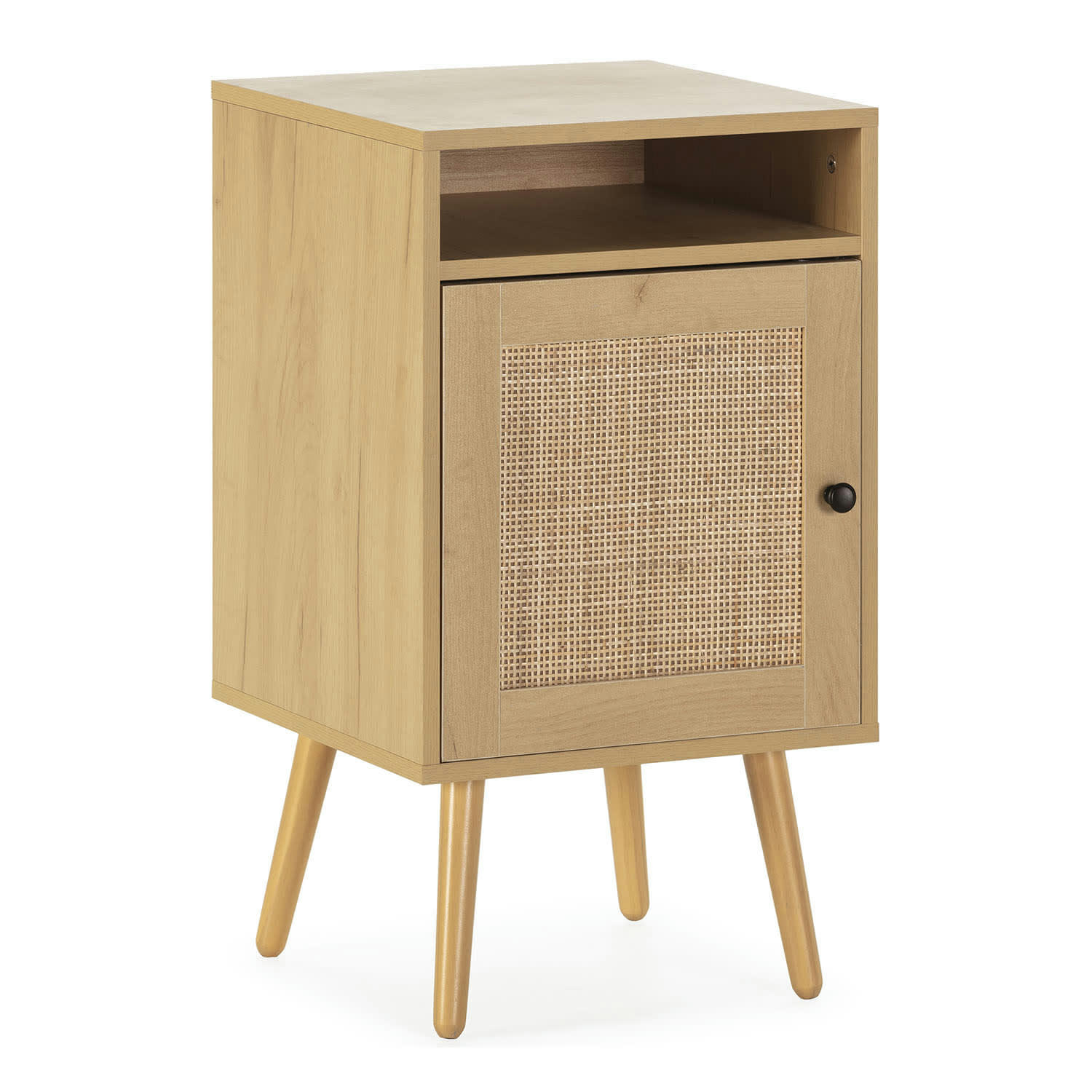 BELLA - Table de chevet 1 porte couleur chêne, rotin naturel