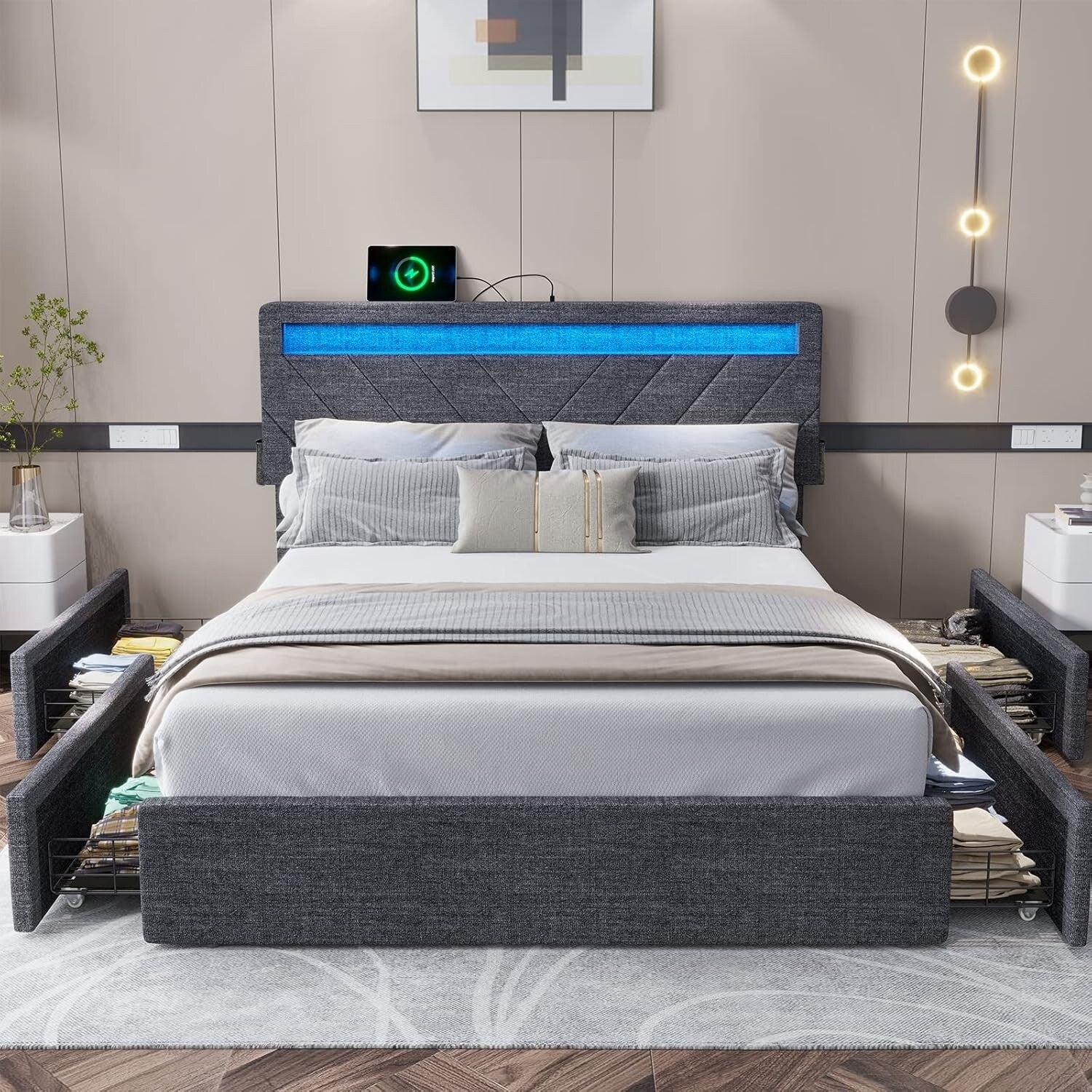 LED Bed Frame with Headboard 4 Drawer USB Charging Station