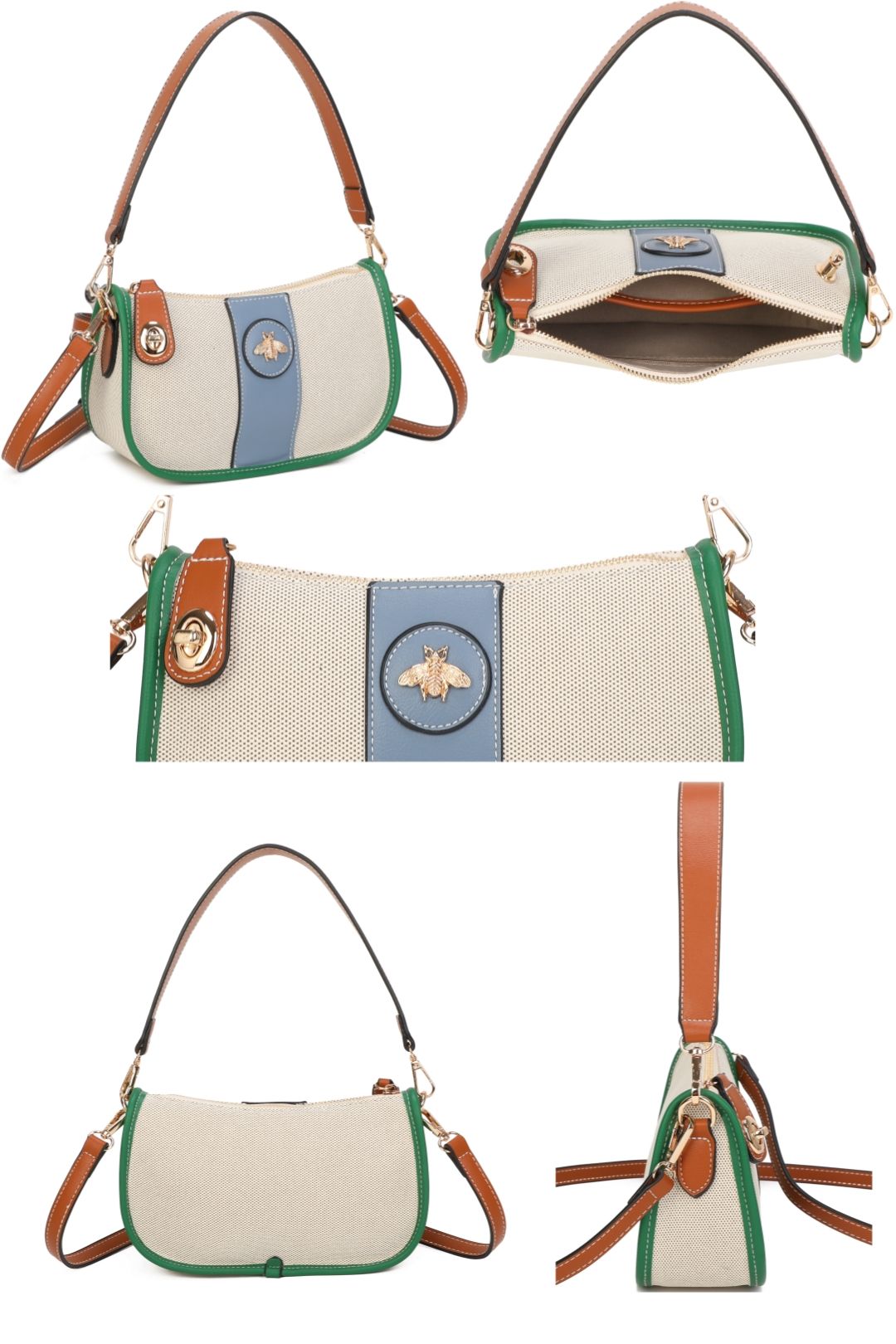 Fontanella Fashion Apiary Bee Badge Canvas PU Leather Top Handle Shoulder Bag