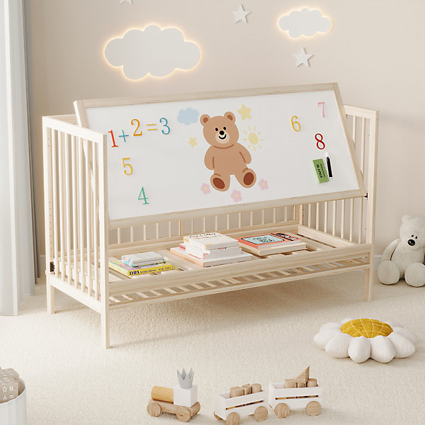 Lit Bébé Convertible, Hauteur Réglable, Transformable en Lit de Côté/Chevalet/Bureau, Bois Massif de Sapin, Sans Matelas, Naturel