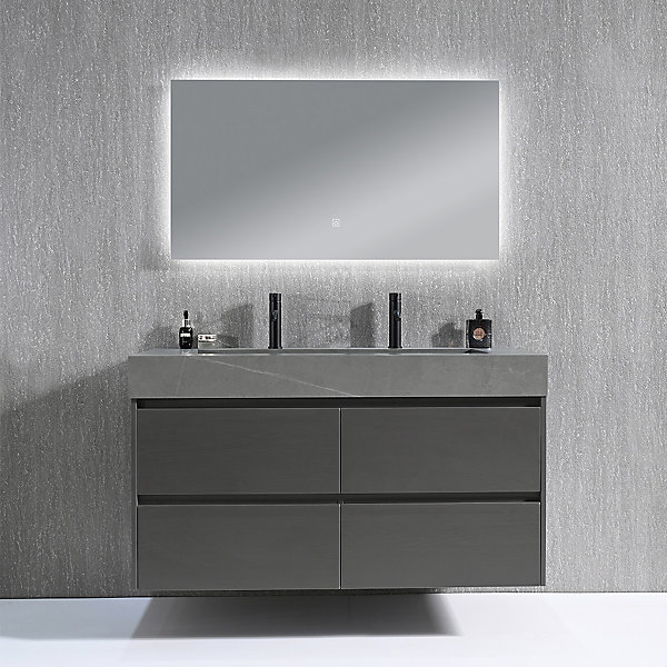 Meuble salle de bain double vasque 120cm gris et effet marbre gris avec miroir LED LB-8476G-120