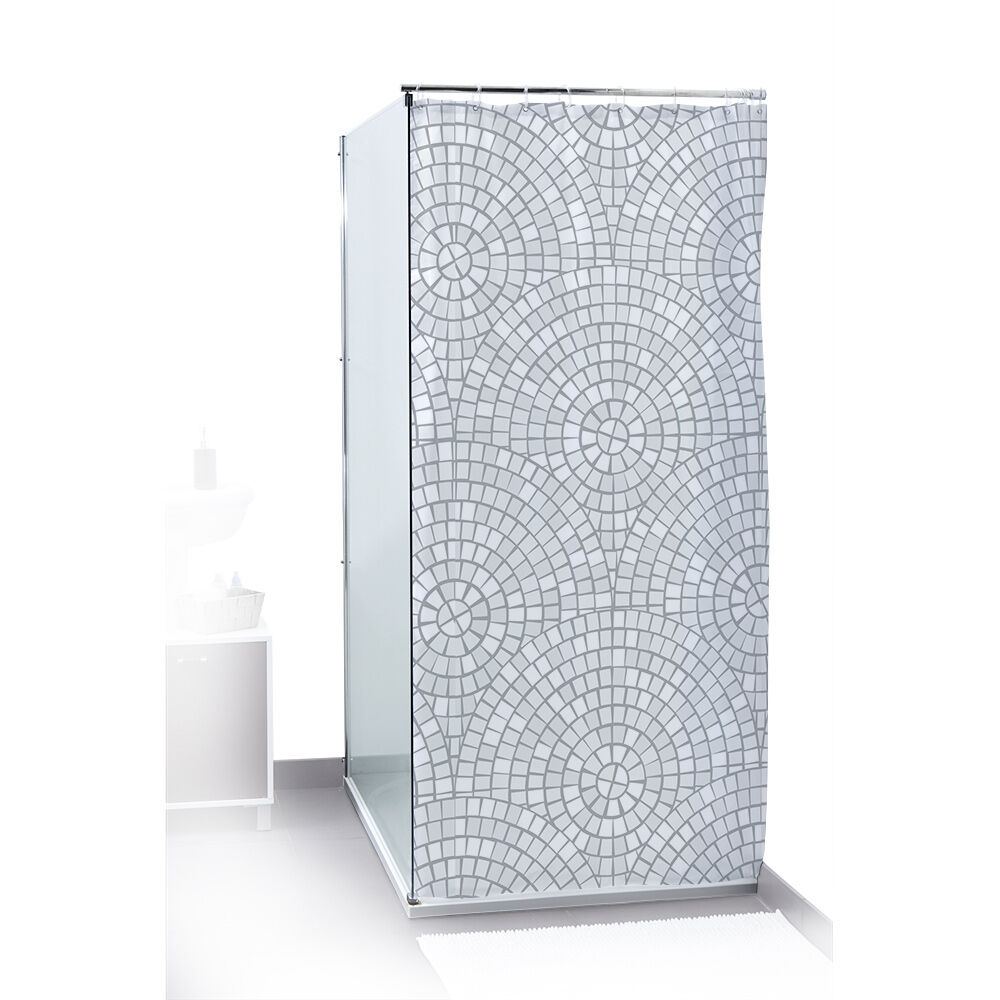 Rideau de douche motif mosaïque rosace blanc et gris 180x200cm