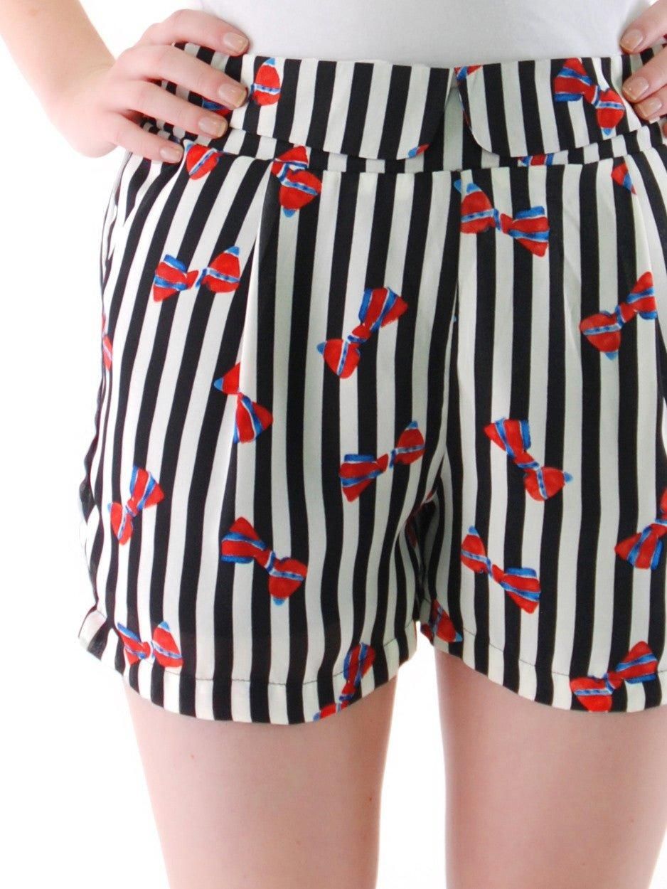 Cutie London Cutie Black Ribbon Print Striped Shorts
