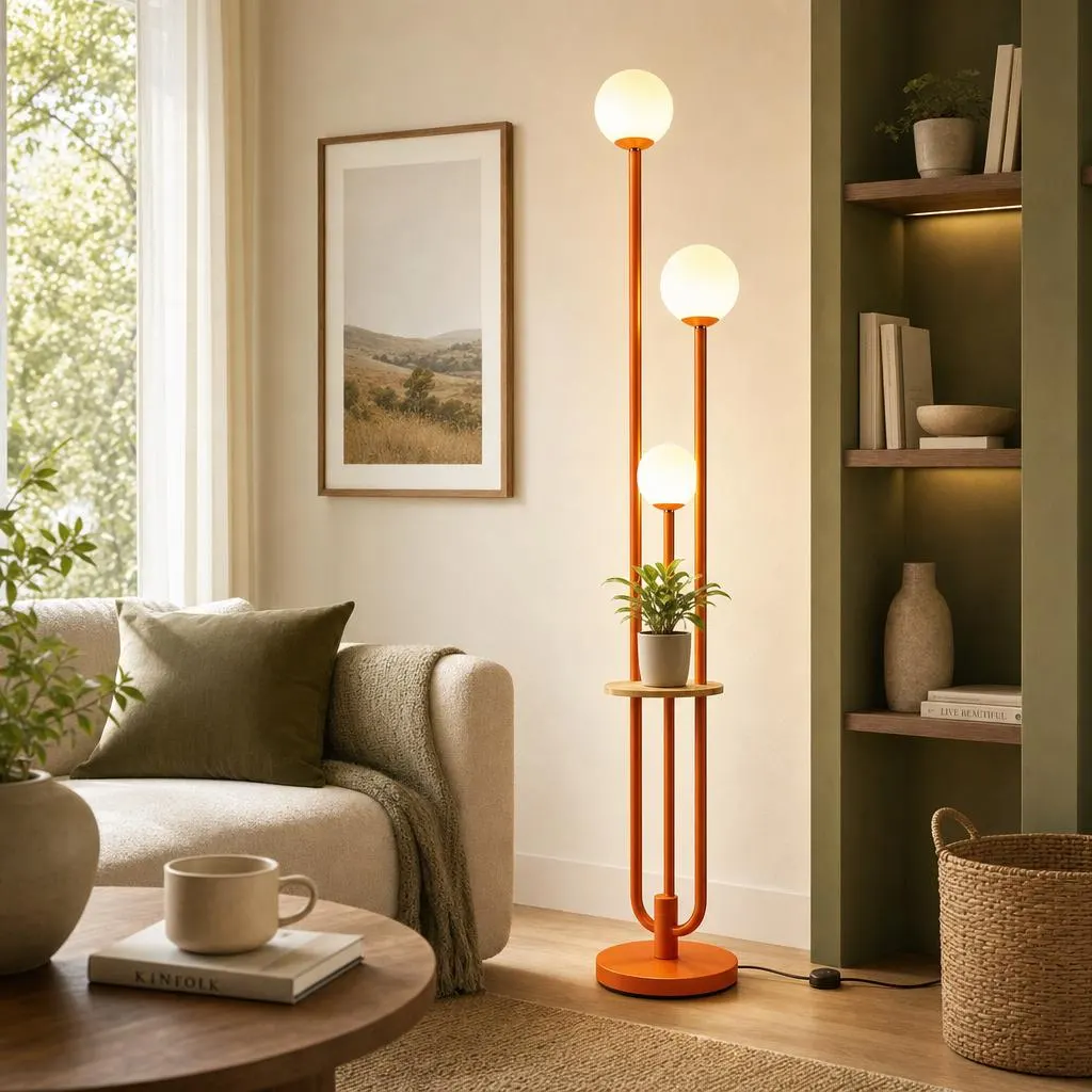 Orange 3 Globe Floor Lamp with Shelf, Mid Century Modern Dimmable Light Living Room