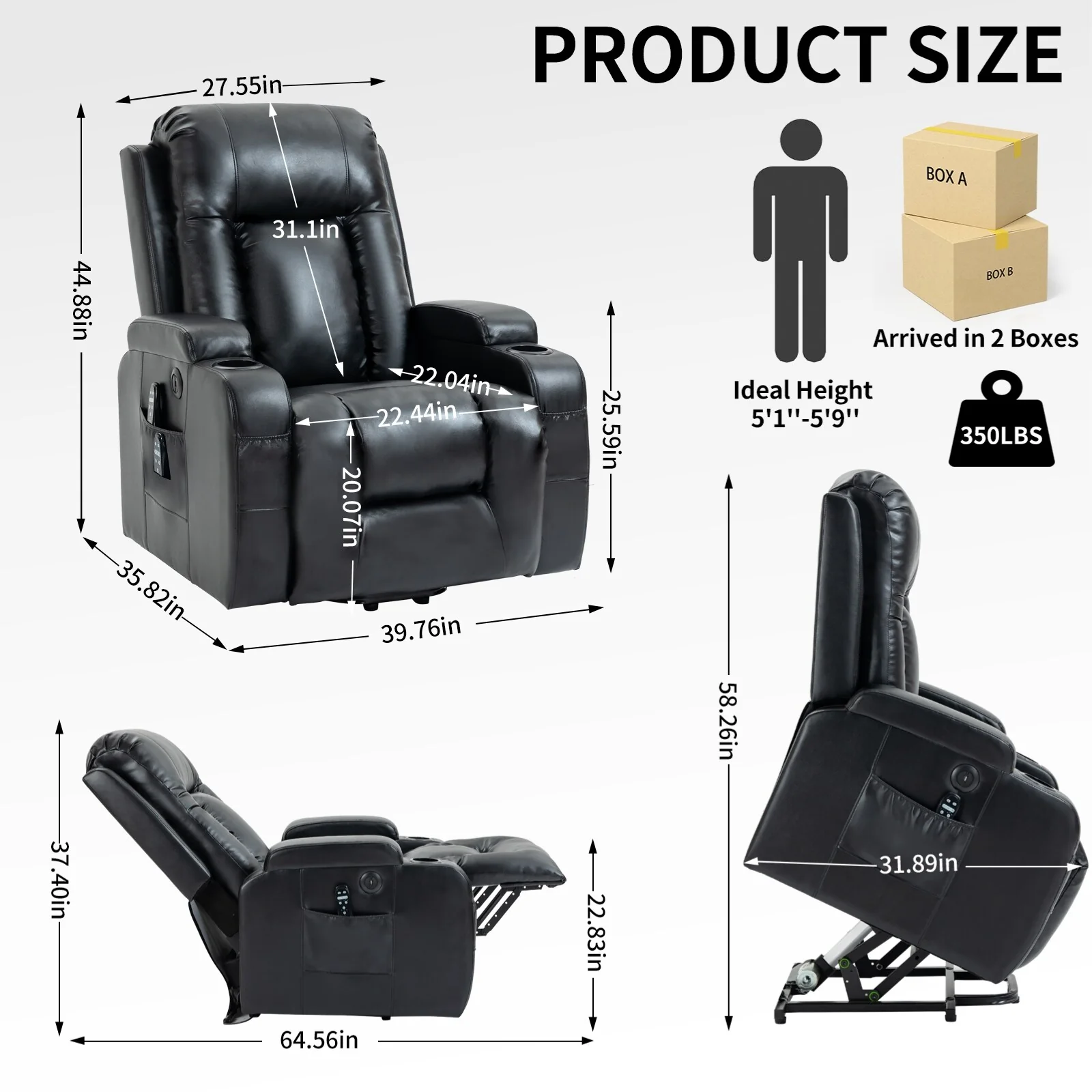 Black Power Lift Recliner with 8-Point Massage, Heated Lumbar, USB Ports, Cup Holders, and Durable Mechanism