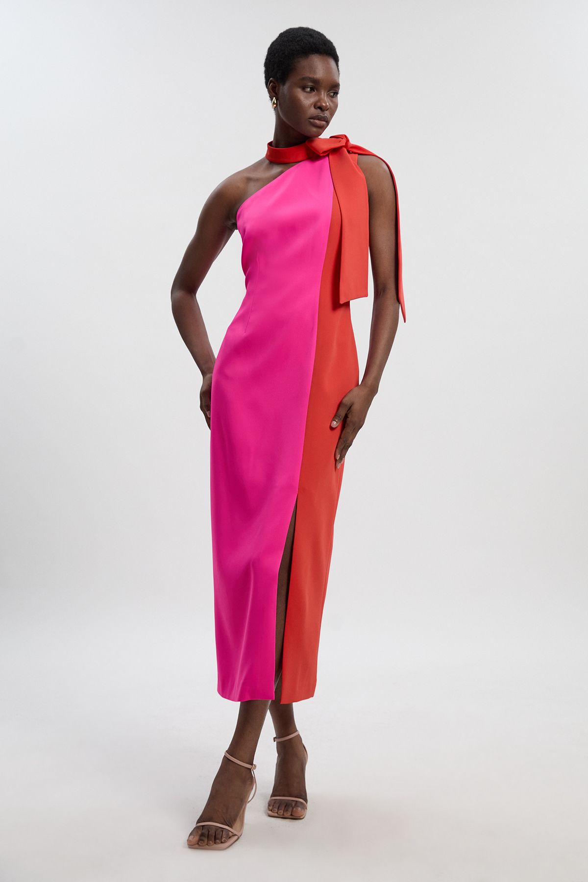 KarenMillen Petite Soft Tailored Colour Block Bow Tie Neck Midi Dress