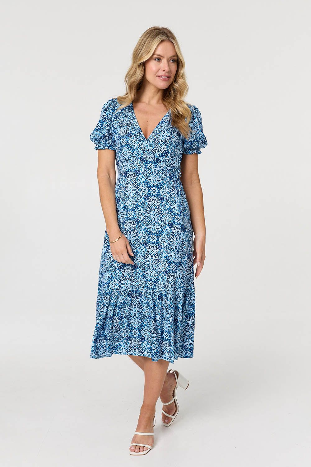 Izabel London Printed Short Puff Sleeve Tie Midi Dress