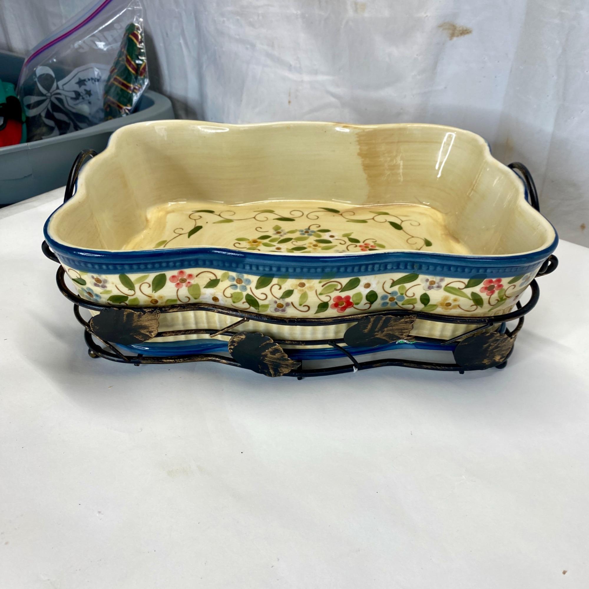 Temptations Ceramic Baking Dish With Metal Rack Floral Design Hand-Painted Oven Safe Decorative Bakeware
