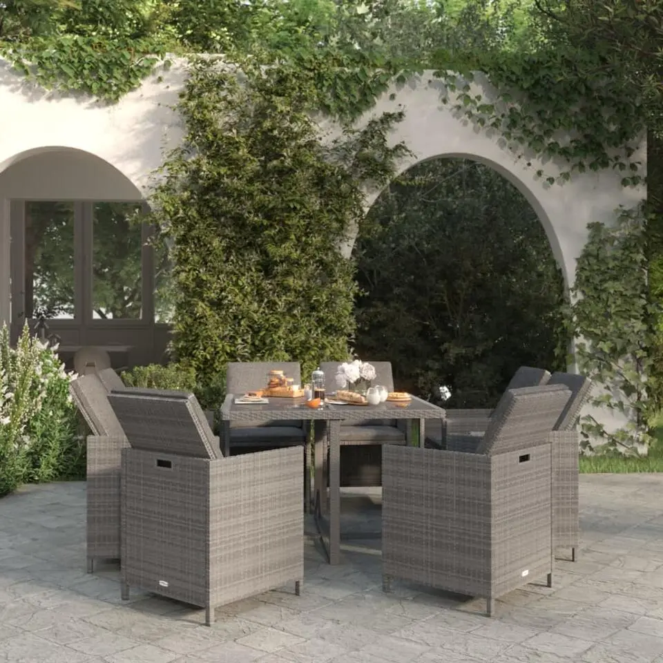 vidaXL - 9-delige Tuinset met kussens - Grijs poly rattan en glas - 109x107 cm
