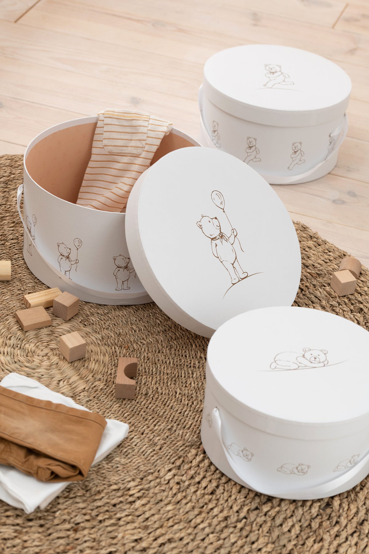 J-Line doos Beer Rond - karton/riet - wit - set van 3