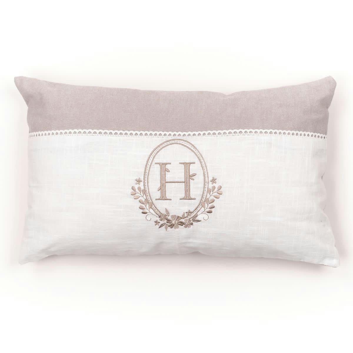 CHARME - Coussin déhoussable brodéet dentelle en coton beige 30x50