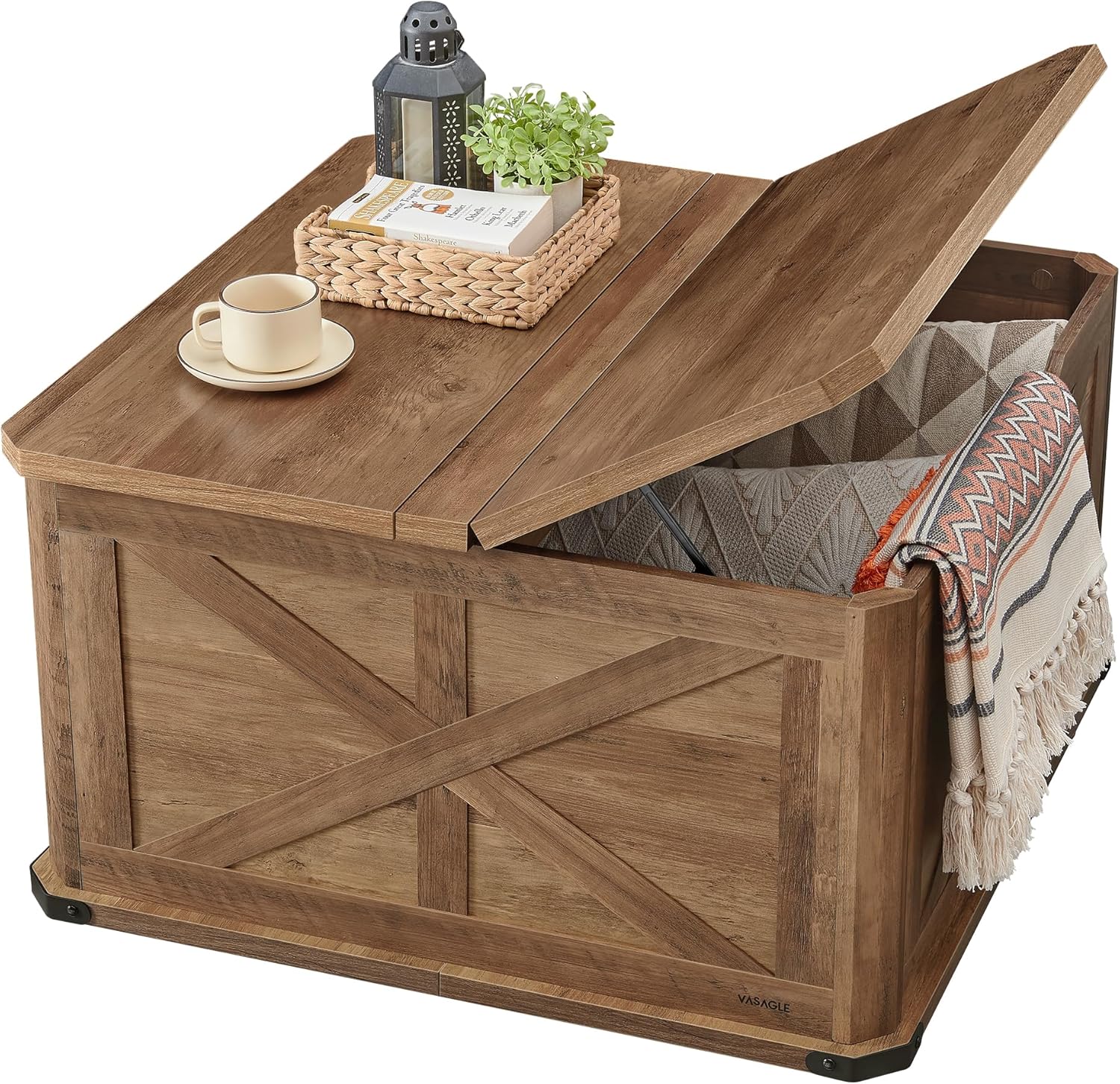 VASAGLE LIRY Collection - Farmhouse Coffee Table with Storage, Square Center Coffee Table for Living Room, with Hidden Compartment, Flip-Top Lids, Honey Brown ULCT232K41