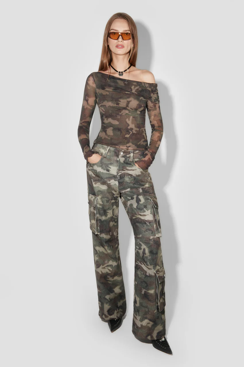 Camo Mesh Off-Shoulder Longsleeve