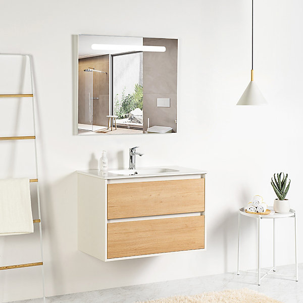 Ensemble Meuble prémonté 80 blanc effet bois-Vasque céramique-Miroir RIMA - bain-bain