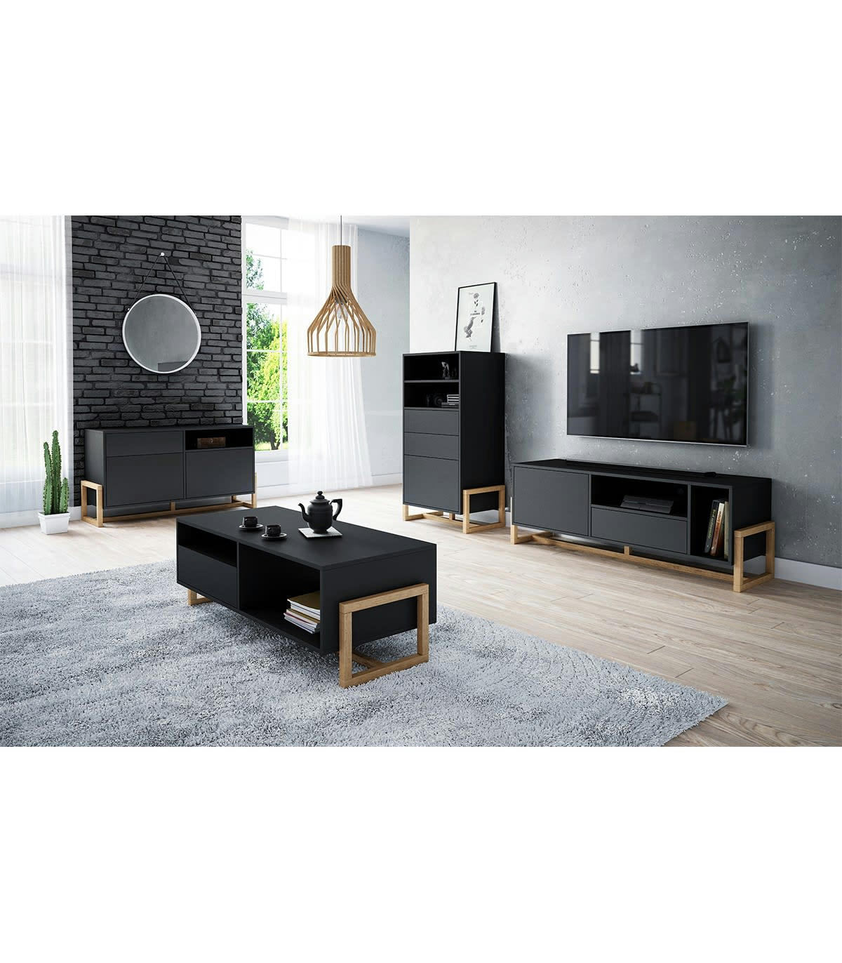 OSLO - Table basse 2 niches 1 tiroir avec pieds en hêtre L119 cm