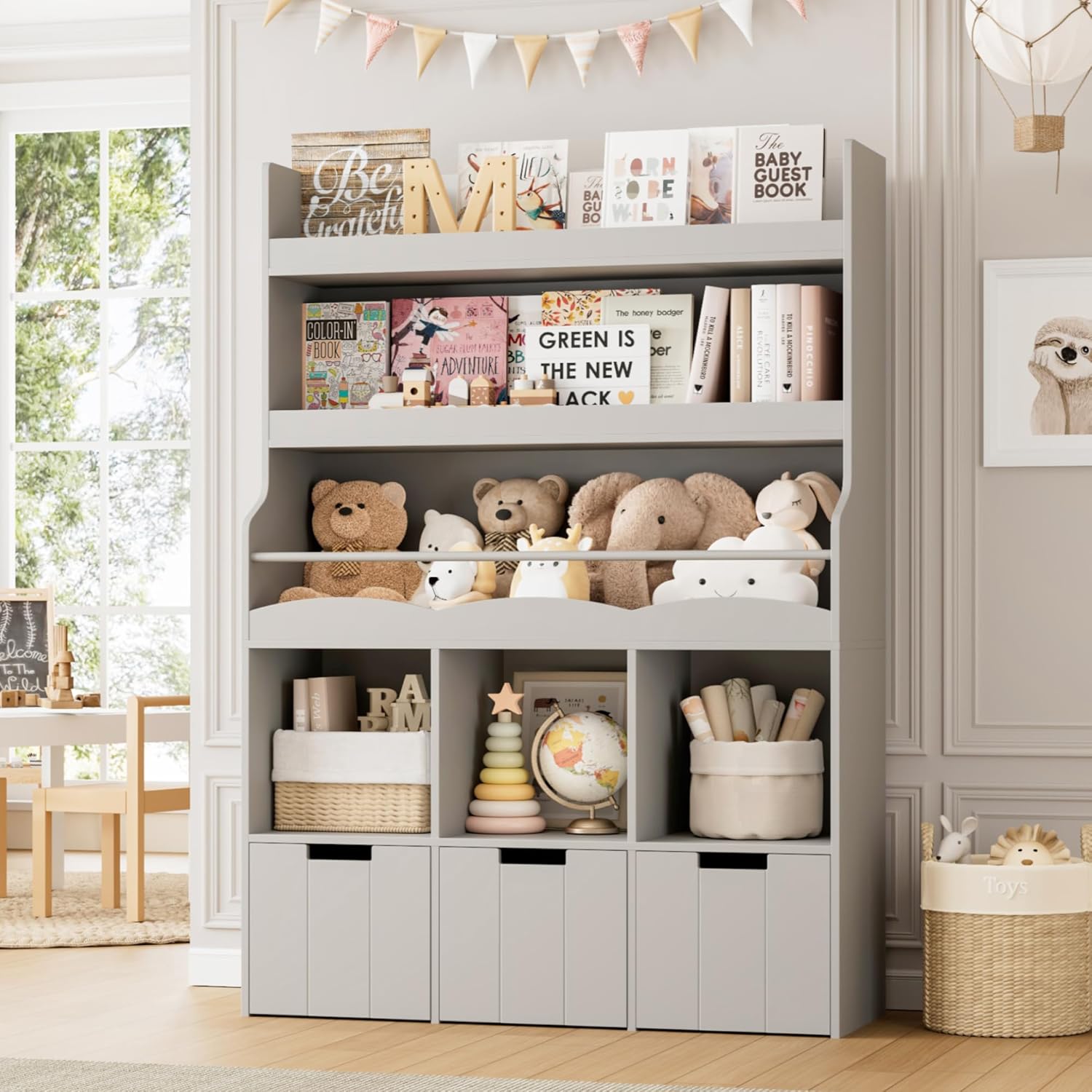 HITHOS 55.3 H Kids Bookshelf with Toy Storage Organizer, Tall Book Shelf with 3 Movable Toy Storage Bins, Large Kids Bookcase with Toy Chest, 39.2 W Modern Toys Box for Kid Room, Playroom, Gray
