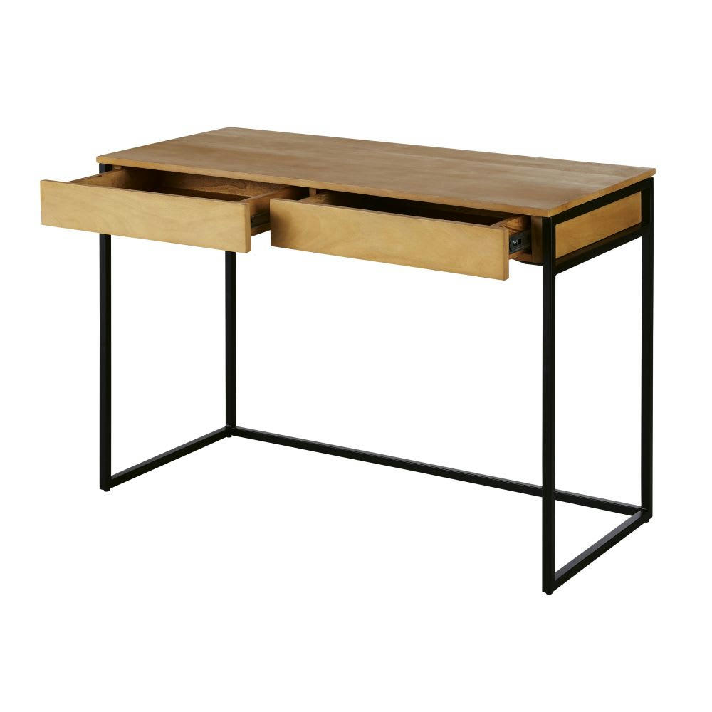 Wayampi - Bureau 2 tiroirs en métal noir et bois de manguier