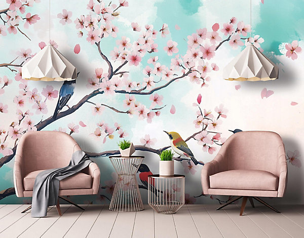 Papier Peint Photo Pour Chambre Oiseaux Fleurs Brindilles 350x250 cm