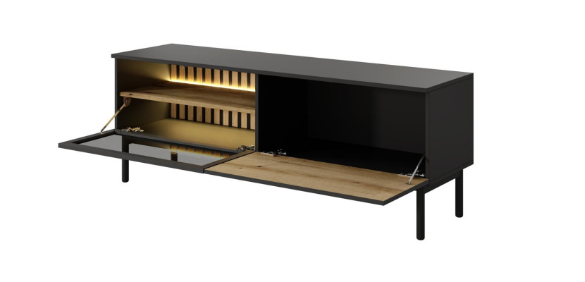 Szafka RTV z oświetleniem LED LANGO 150cm Czarny   Dąb Evoke