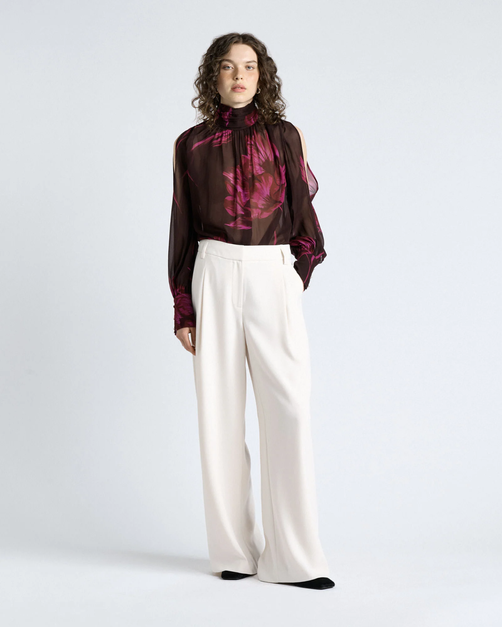 Chocolate Oversized Floral Georgette Cold Shoulder Top
