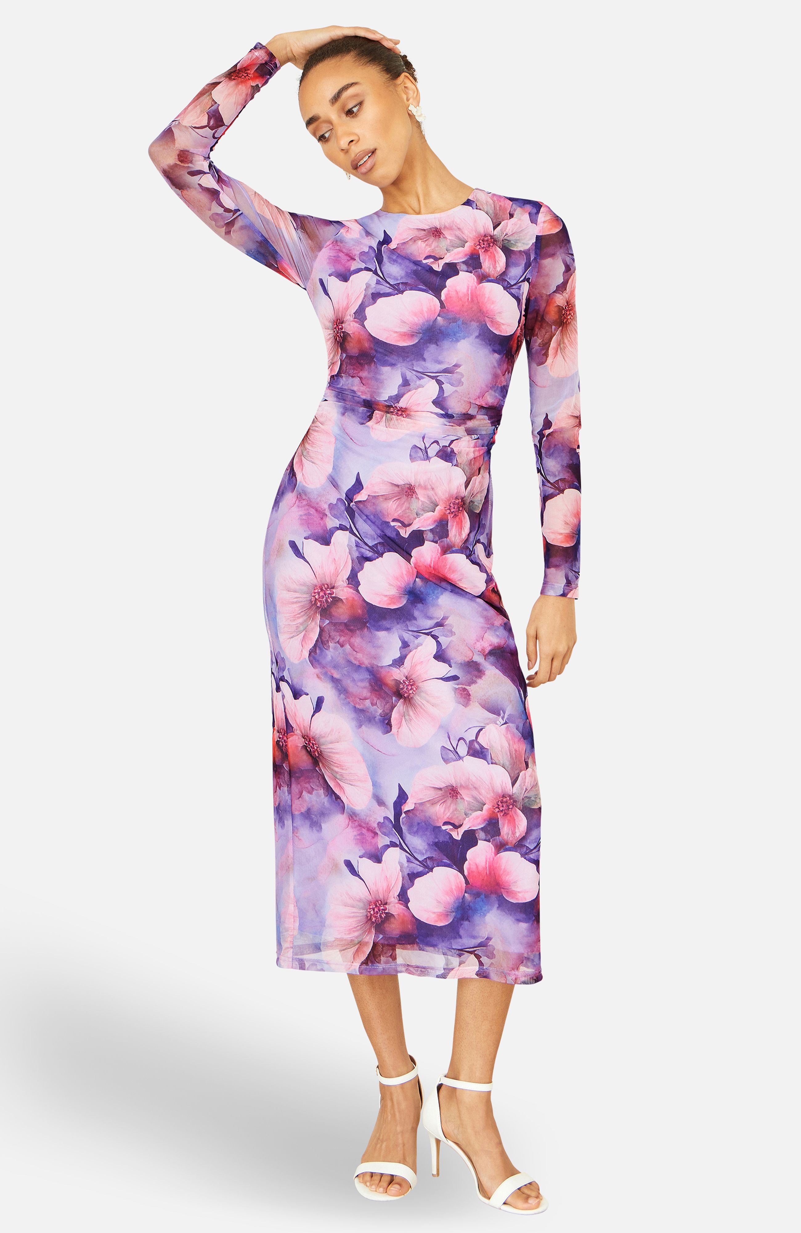 Yumi Purple Floral Mesh Midi Dress With Tie Back